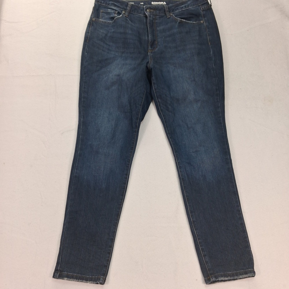 Sonoma Jeans Womens 14R Curvy Skinny Blue Dark Wash Distressed Hem EUC